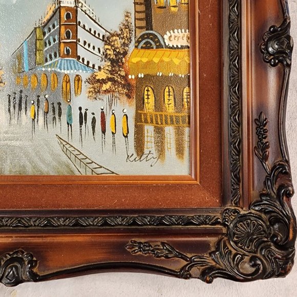 Alley Scene Hand Painted Signed Art Wood Carved Ornate Frame 15"x13" Kitty - Picture 4 of 10